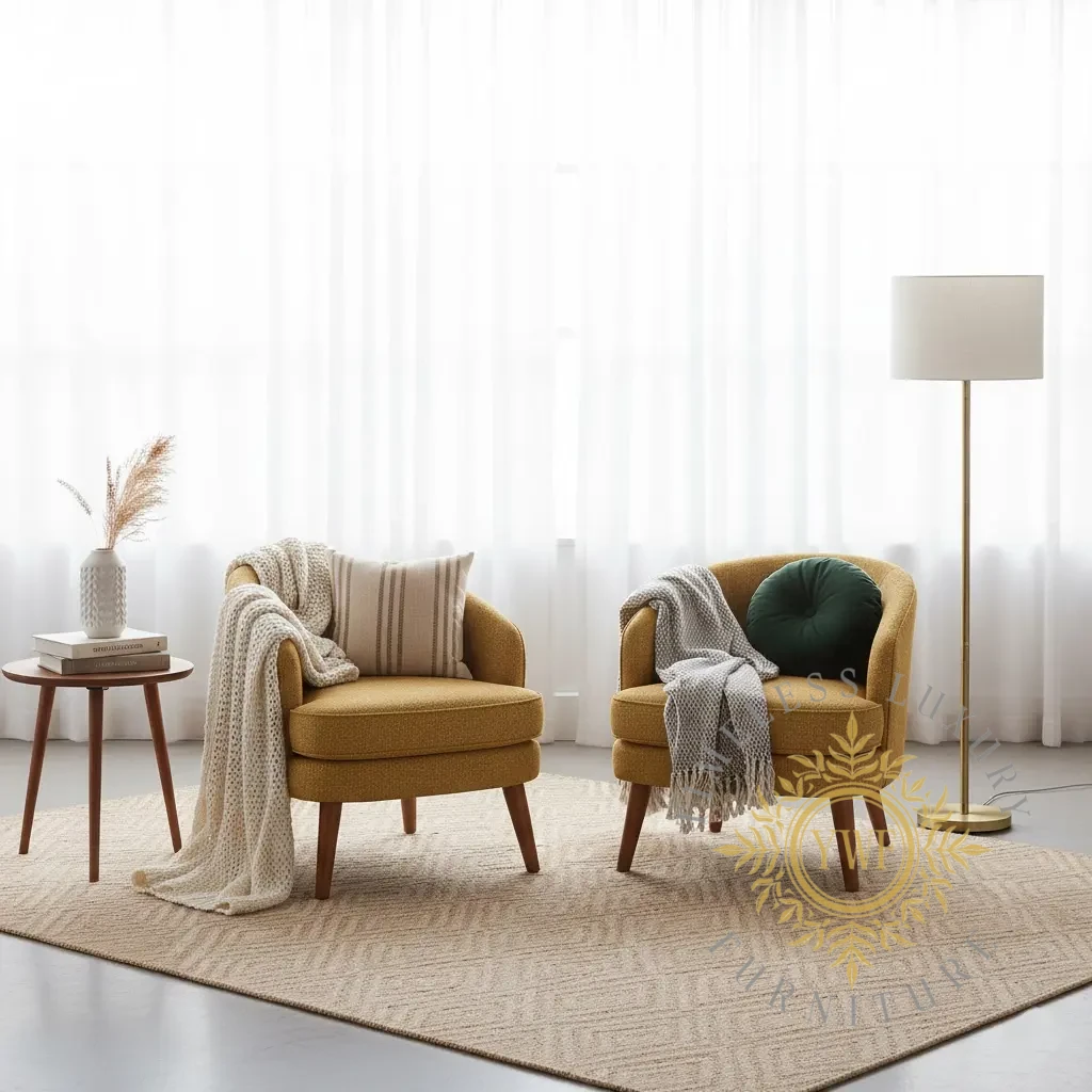 Noelle Barrel Chair Set Metica Oak FibreGuard lifestyle shoot