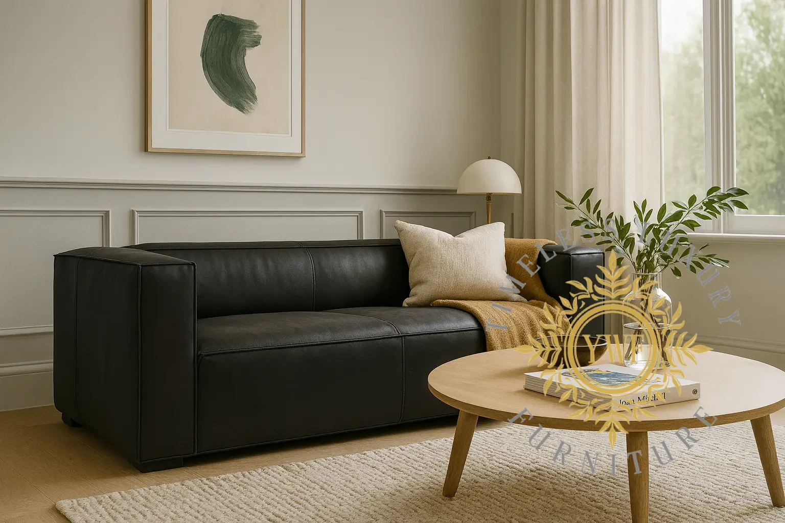 Brann 3-Seater in Diesel Black full-grain leather with light lifestyle background