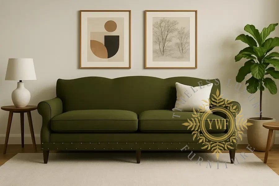 Halden 2.5-Seater in Olive, styled in a light lifestyle setting with wall art and a scatter cushion
