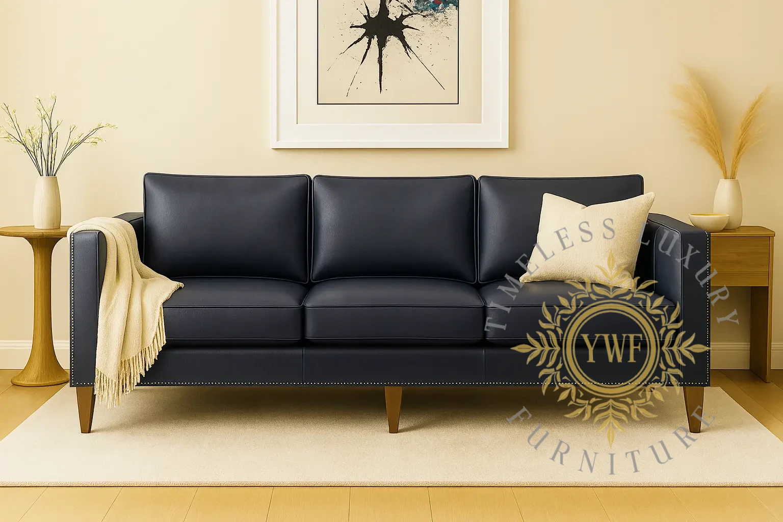 Kerron 3-Seater in Shiduli Navy full-grain leather, styled in a light lifestyle setting