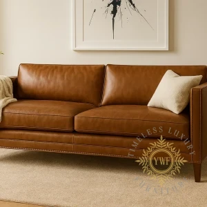 Kerron 2.5-Seater sofa — Naku Pista Pecan full-grain leather, lifestyle setting