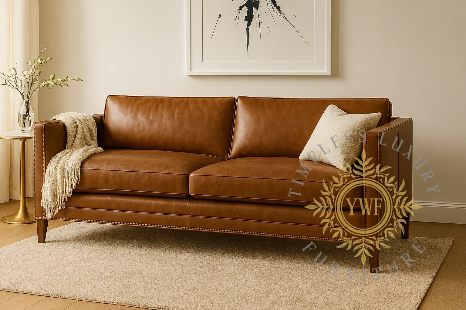 Kerron sofa in Naku Pista Pecan full-grain leather with bronze studs and tapered legs