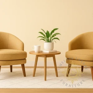 Noelle Barrel Chairs — Matica FibreGuard Oak fabric, lifestyle setting