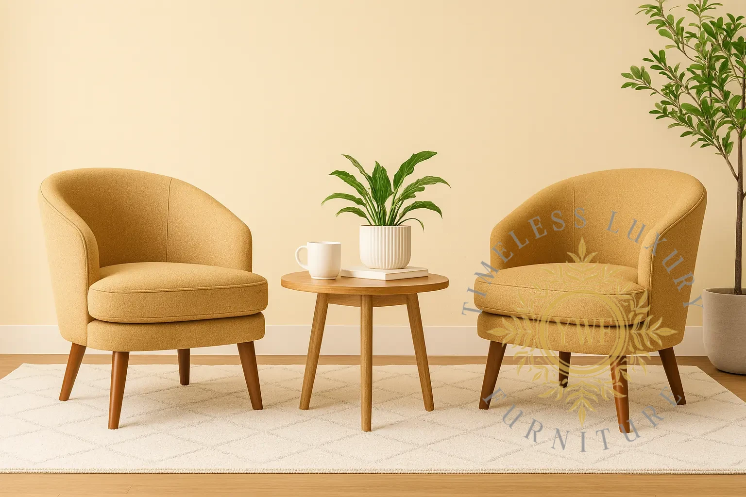 Noelle chair wrapped in performance fibreGuard fabric with oak legs next to a side table