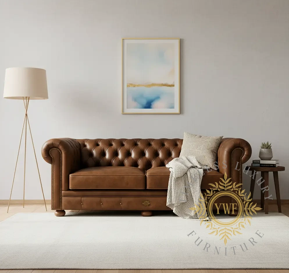 Redford Chesterfield 2.5-Seater covered in Shiduli Cigar full-grain leather, styled in a light lifestyle setting
