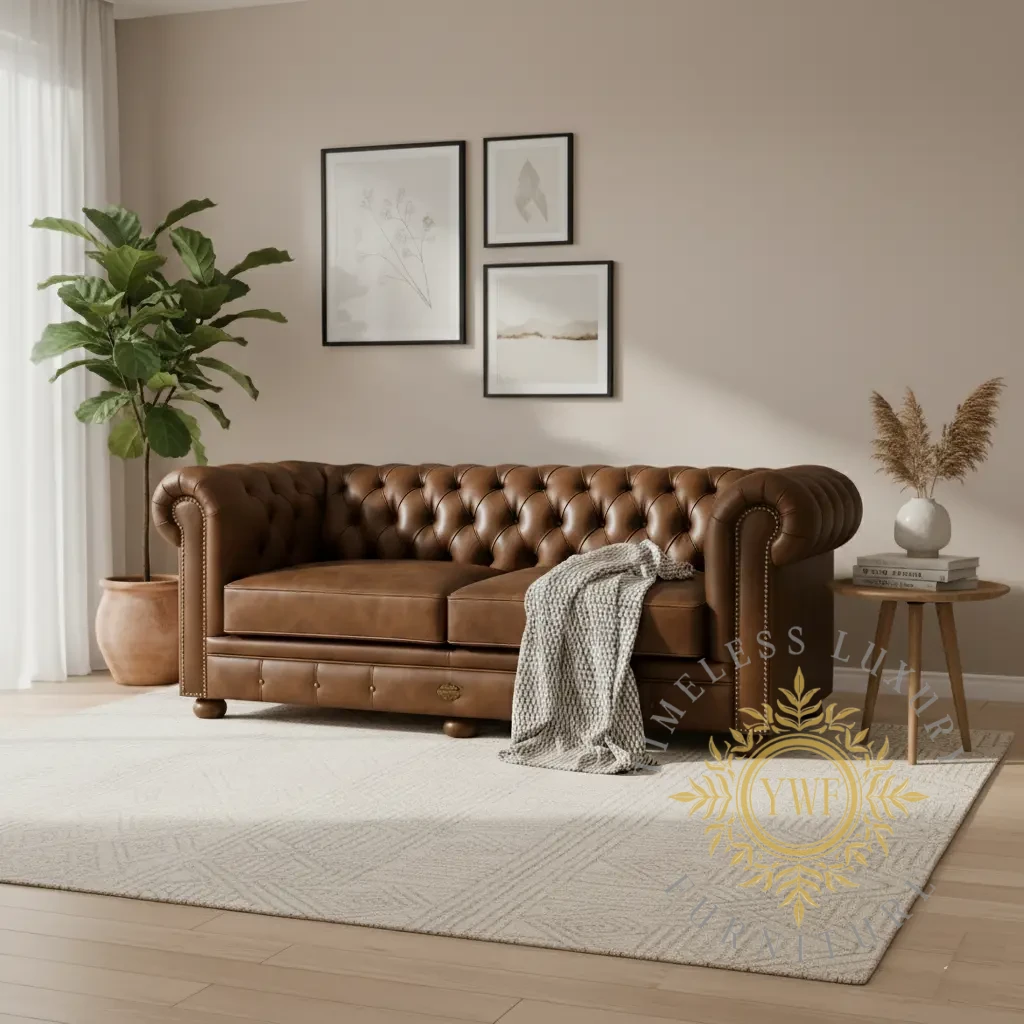 Chesterfield Sofas – Classic Deep-Buttoned 3-Seater Sofa wrapped in Naku Pista Pecan premium leather