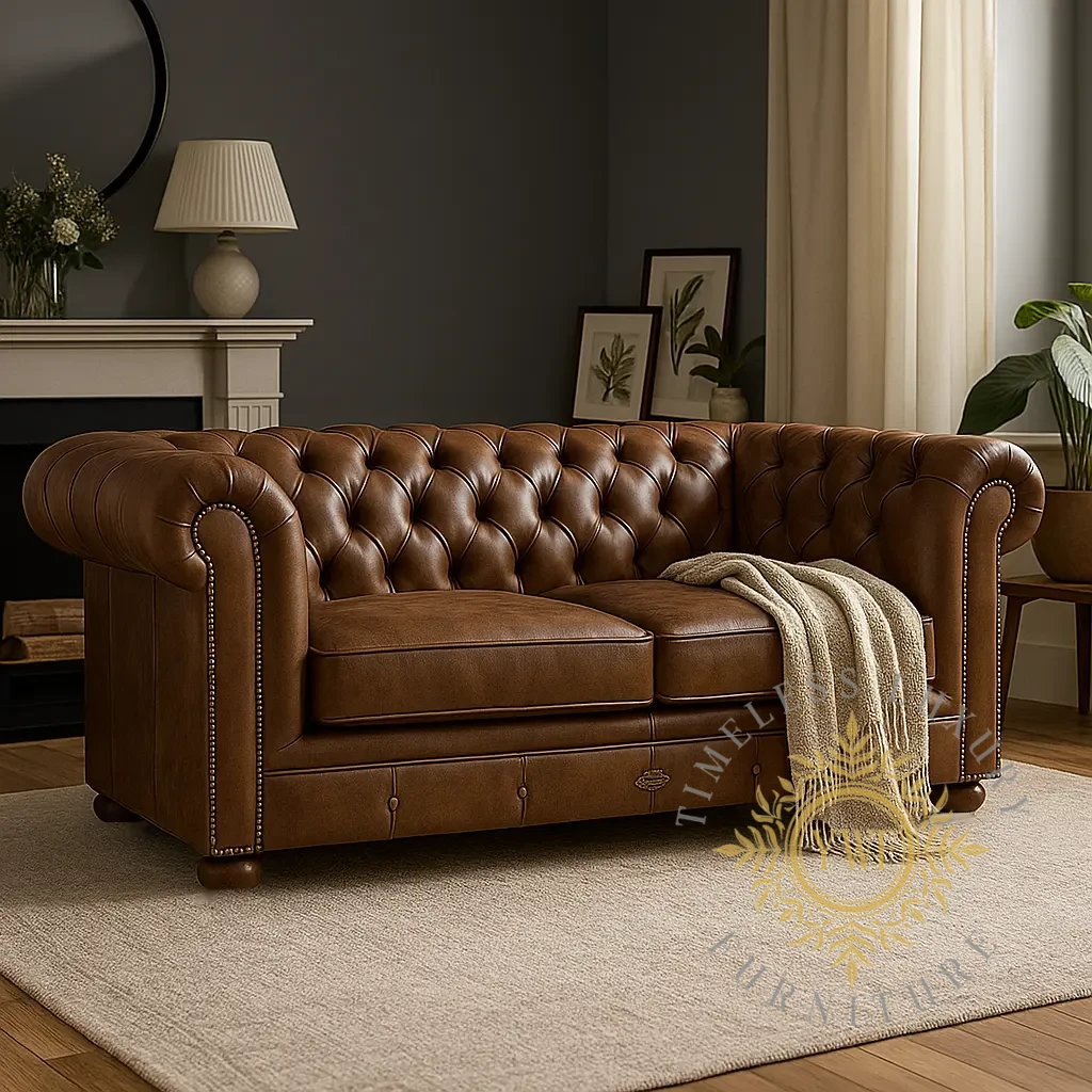 Chesterfield Sofas – Classic Deep-Buttoned 2-Seater Sofa wrapped in Naku Pista Pecan premium leather