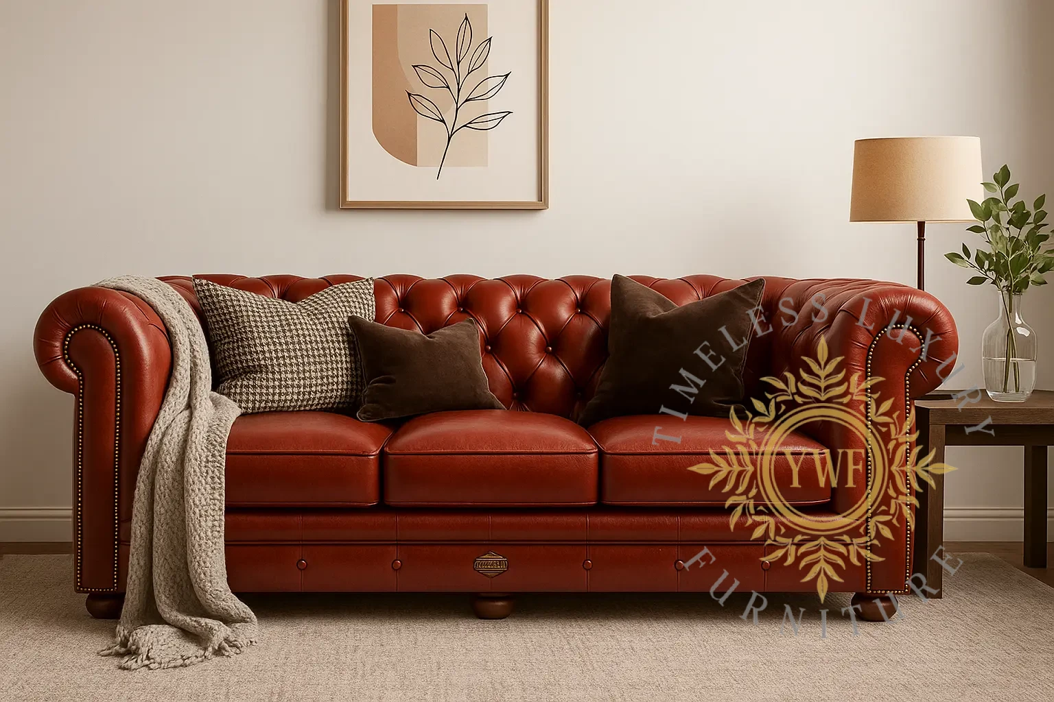 Redford Chesterfield covered in Moroccan Ruby full-grain leather, styled in a light lifestyle setting