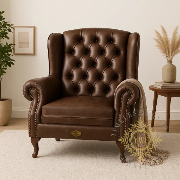 Regent Wingback Chair — Woodlands Brown (lifestyle setting)