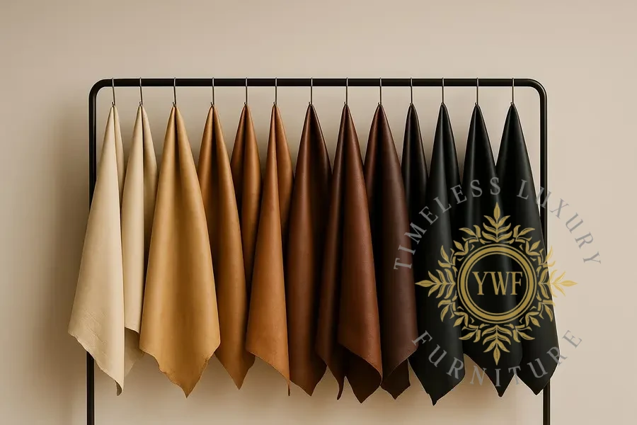 Natural leather hides hanging on a black rail, arranged light to dark in a minimal studio