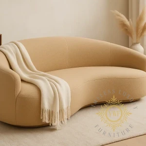 Velara Curved Sofa — Gustov Dune bouclé fabric, lifestyle setting
