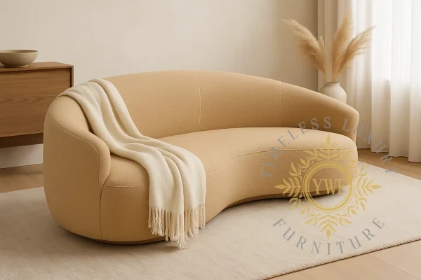 Velara Curved Sofa — Gustov Dune bouclé fabric, lifestyle setting