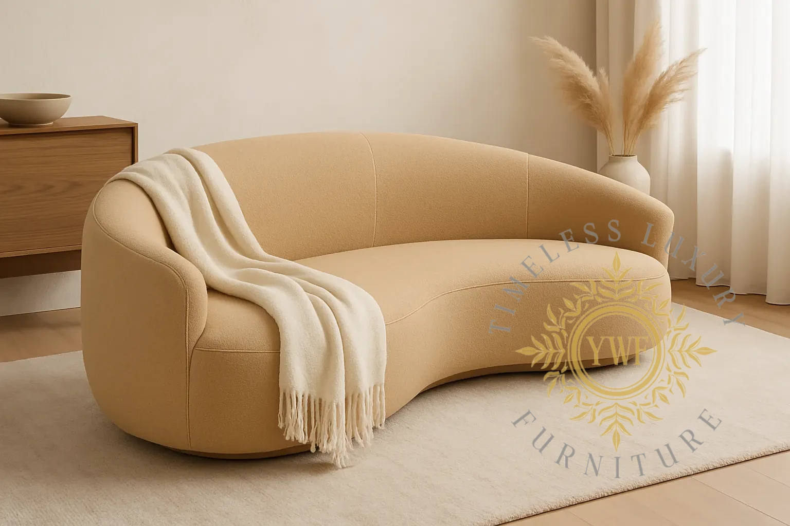 Velara Bouclé Sofa – Curved Minimalism wrapped in Soft Dune Bouclé material in a lifestyle setting