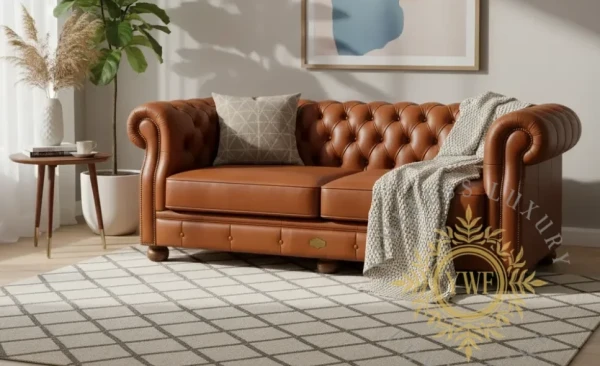 Wexley Chesterfield 2.5-Seater sofa — Shiduli Cigar full-grain leather, lifestyle setting with curved arm facing