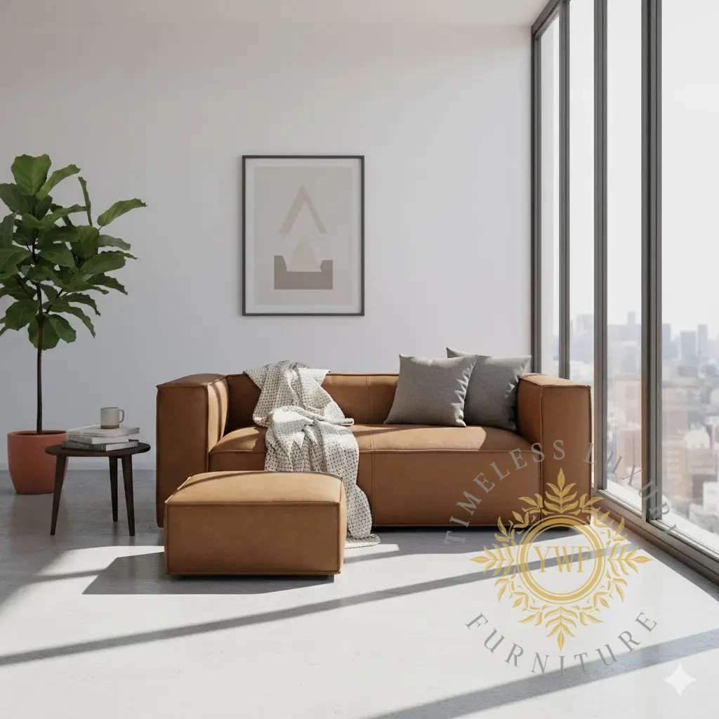 Brann 3-Seater and Ottoman in Diesel Tobacco in lifestyle setting