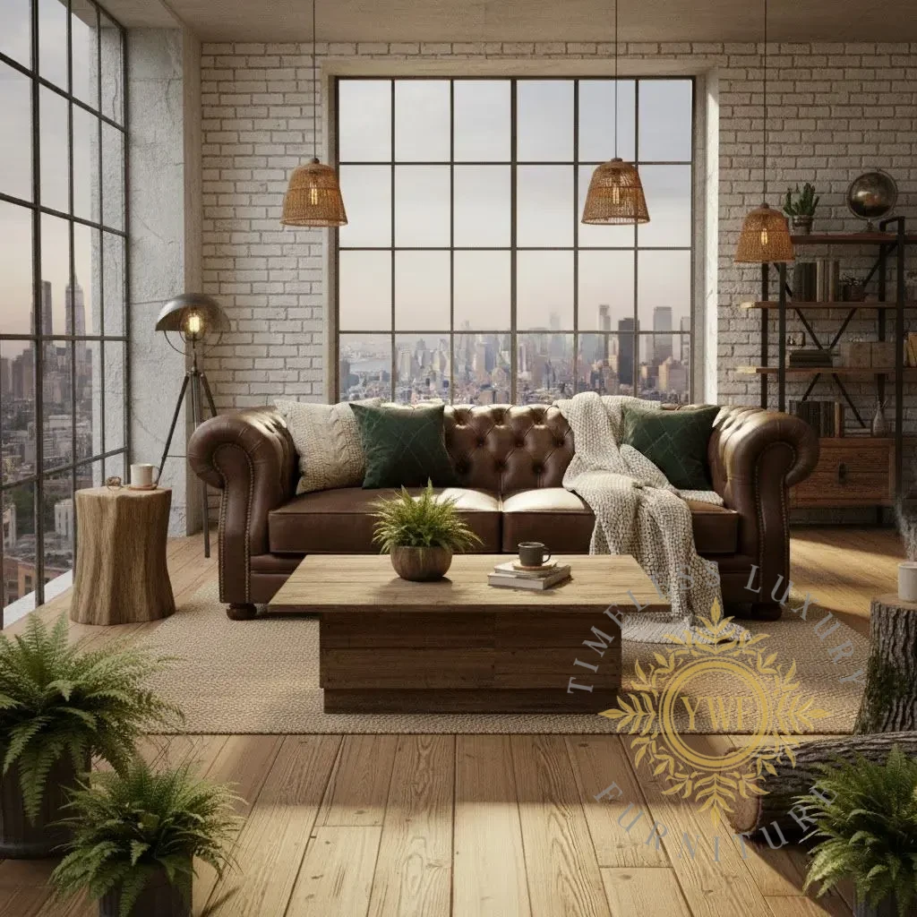 Wexley 2.5-Seater in Woodlands Brown full-grain leather, styled in a light rustic setting