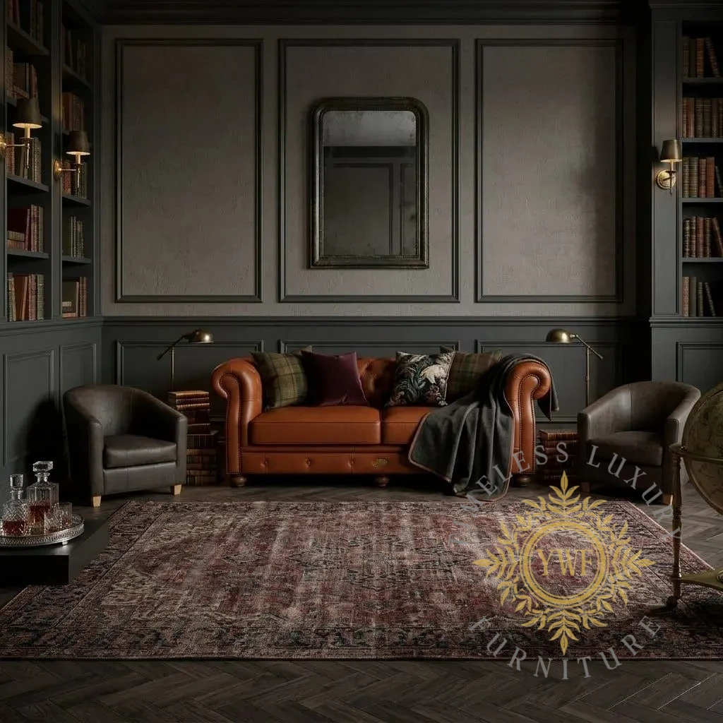 Wexley 2.5-Seater in full-grain leather, paired with a set of Saville Tub chairs in a Moody transitional setting